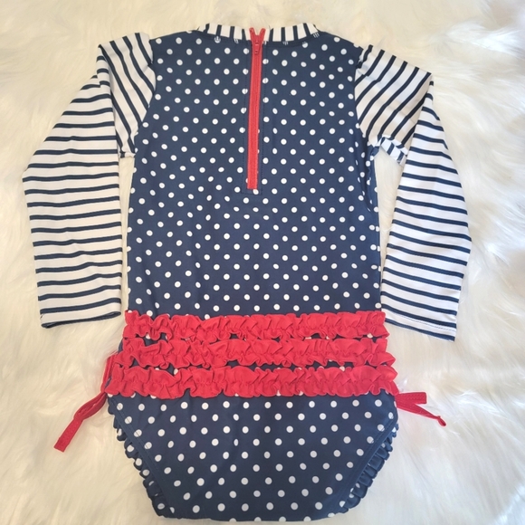 Ruffle Butts girls swimsuit, long sleeve one piece, red white & blue with bows - Picture 3 of 3